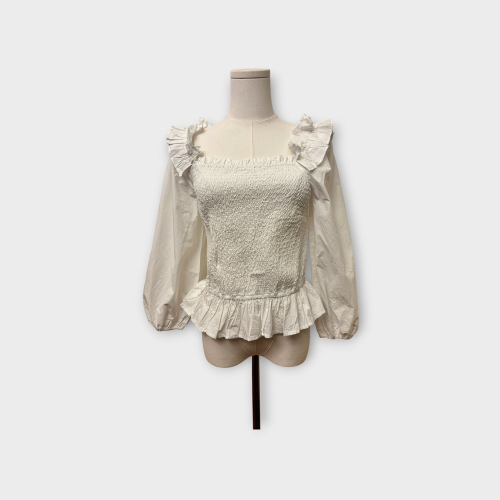 Smocked Puff Sleeve  M White Cottagecore Ruffle Peplum Cotton Blouse Coquette